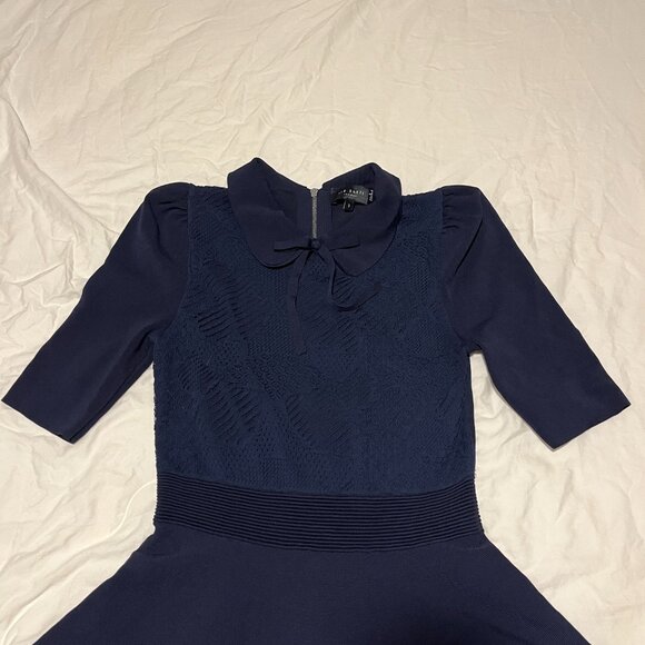 Ted Baker Navy Knit Dress Peter Pan Collar Bow Circle Skirt Twee Lace Size 1 - Picture 2 of 6